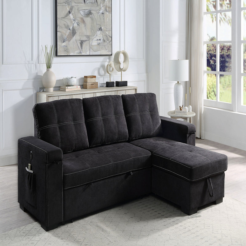 Canapé-lit modulaire réversible en tissu tissé noir 95 po avec porte-gobelet de rangement