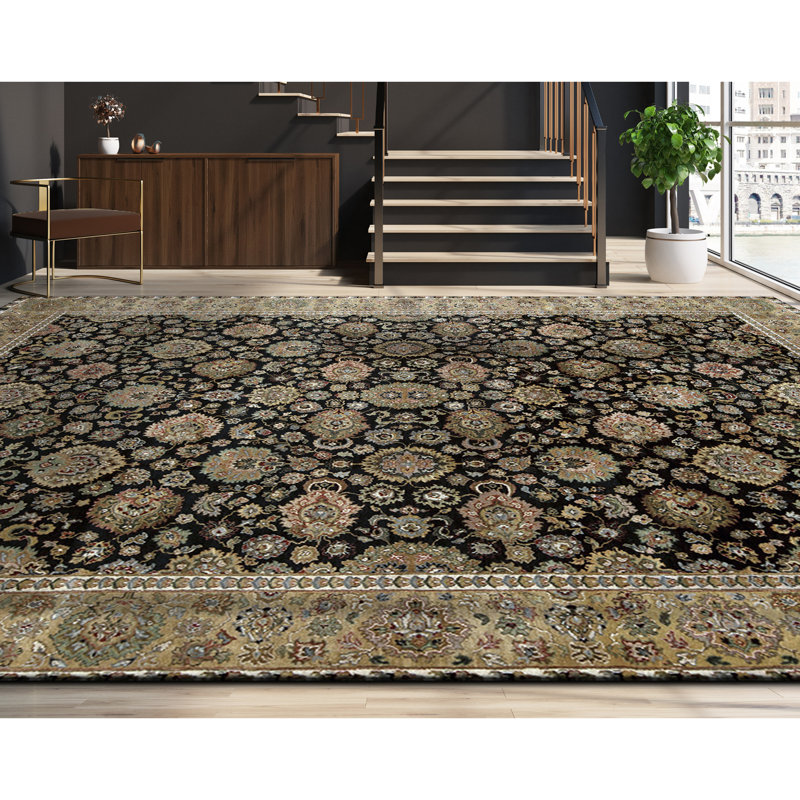 Hand Knotted Wool Area Rug in Black And Gold