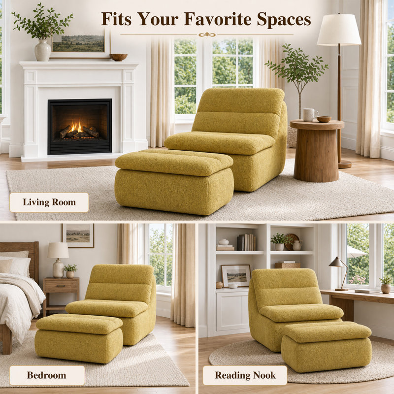 33"Compression Chenille Memory Foam Accent Chair And Ottoman Set - Armless Frameless Lounger Sofa with Deep Seat No Assembly Required