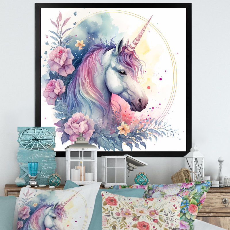 Adorable licorne pastel entourée de fleurs III - cheval, art mural, H 16 po x l 16 po x P 1 po