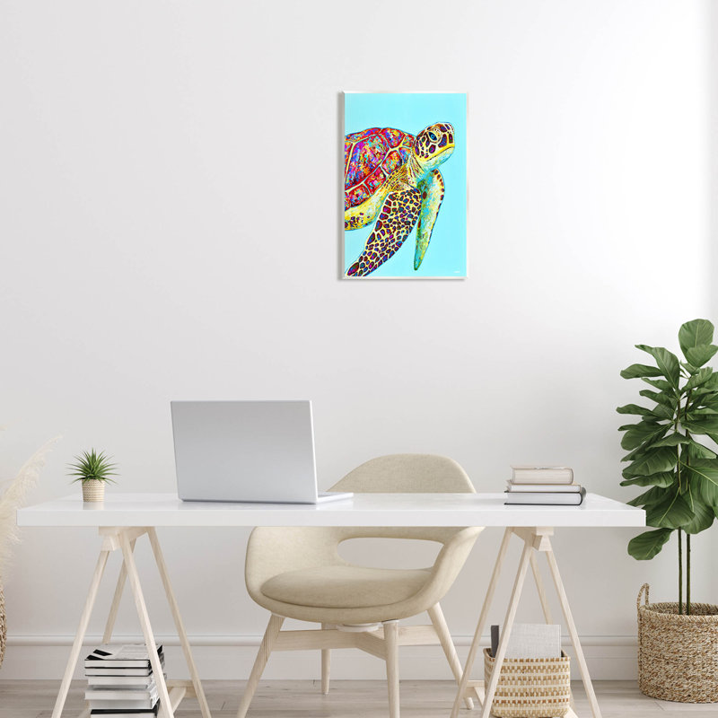Natation, tortue de mer, turquoise, estampe numérique par Jen Seeley, H 19 po x l 13 po x P 0,5 po, Bois