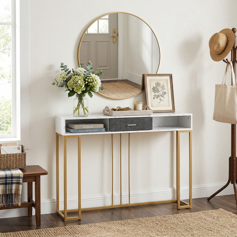 48 Inch 2 Tier Hallway Console Table With Storage Drawer For Entryway Living Room Foyer