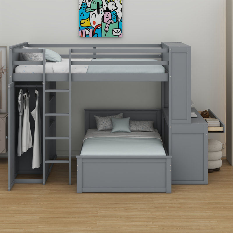 Lit mezzanine avec lit autonome, tablettes, bureau et garde-robe, Blanc