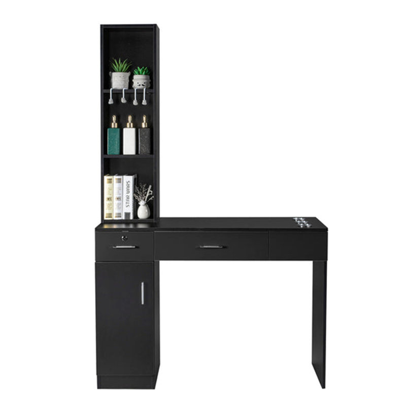 Station de rangement murale noire 2 tiroirs 1 armoire de rangement 3 tablettes ouvertes