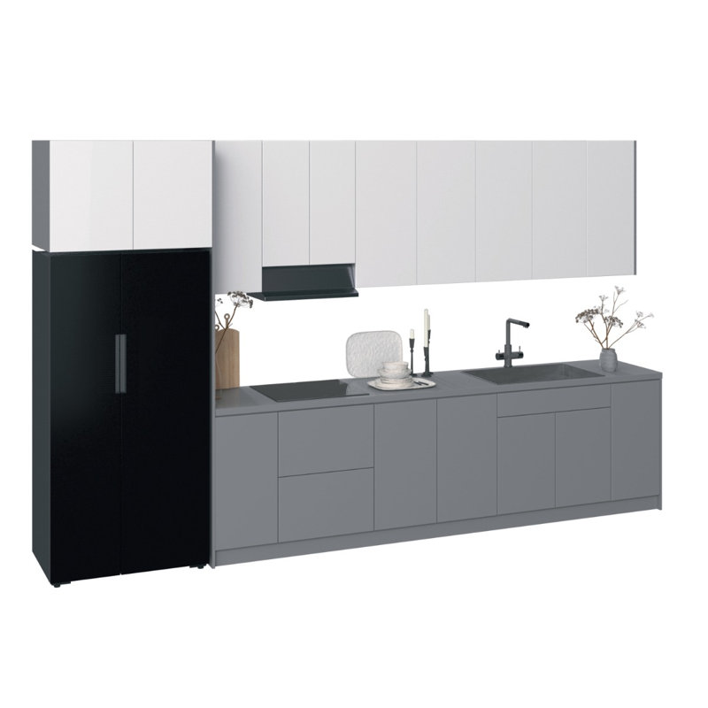 Cuisine complète moderne en panneau de fibres à densité moyenne gris et blanc l 157 po x 24 x P 96 po WALLKITCHENS FK-Time 