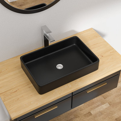 Vessel Sink, Black Rectangular Vitreous Ceramic Bathroom Sink, Above Counter Vanity Basin, Scratch & Heat Resistant, Easy to Clean