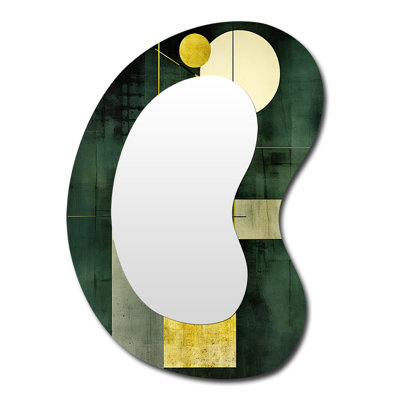 Geometric Retro Green White Gold - Shapes Irregular Shape Large Wall Mirror, Modern Asymmetrical Unique Mirror, Printed Metal Art