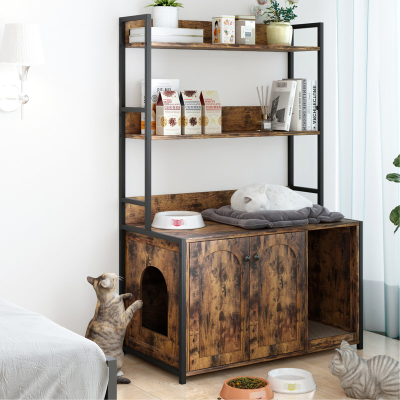 Armoire d'intérieur pour chat avec bac à litière et rangement pour tablette, tablette à gratter, salle de bain cachée, 2 portes, grand refuge brun stable, salle de bain, porte,