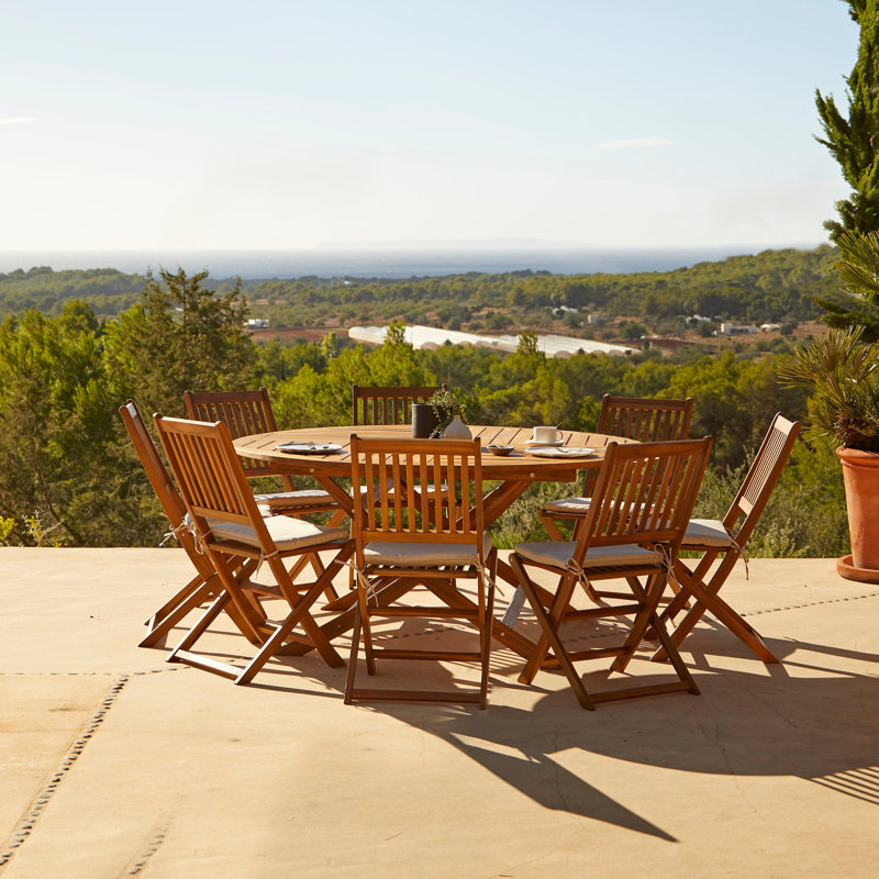 Nayoun 8 - Person Acacia Wood Patio Dining Set with Round Table, No Umbrella, Regular Chair