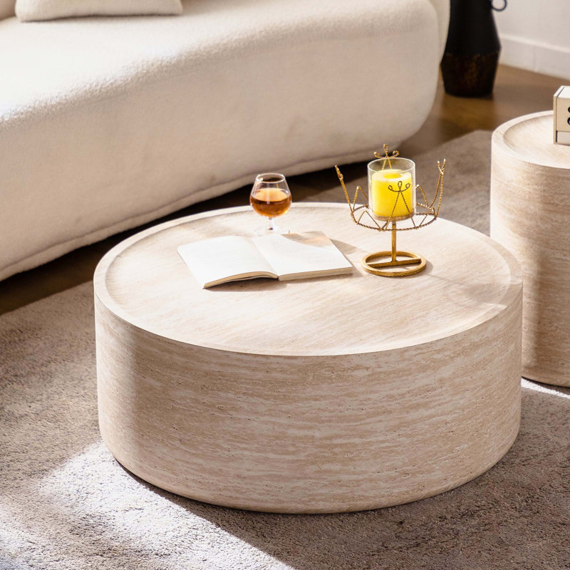 Table basse ronde avec motif Mars pour le salon, table basse tambour moderne pour le salon, pas besoin d'assemblage (motif Mars)