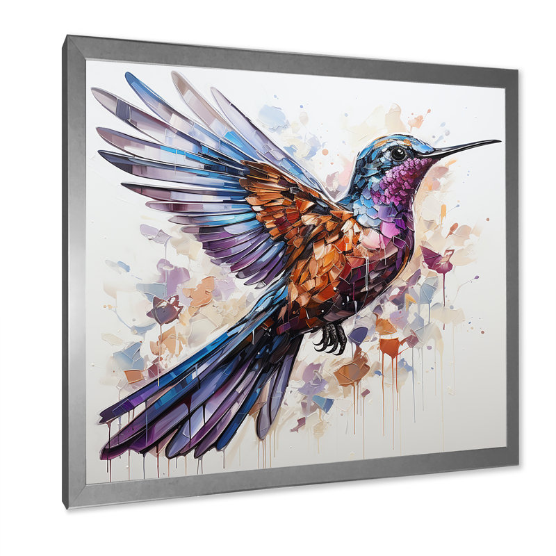 Vol de colibri bleu et brun - Art mural colibri, Cadre simple argenté, H 16 po x l 16 po x P 1 po