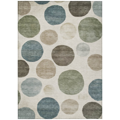 10' X 14' Ivory Fern Green And Teal Blue Geometric Washable Indoor Outdoor Area Rug