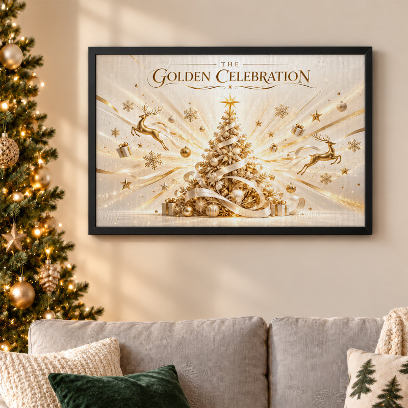 Arbre doré avec renne et cadeaux, art mural sur toile de Noël, H 20 po x l 30 po
