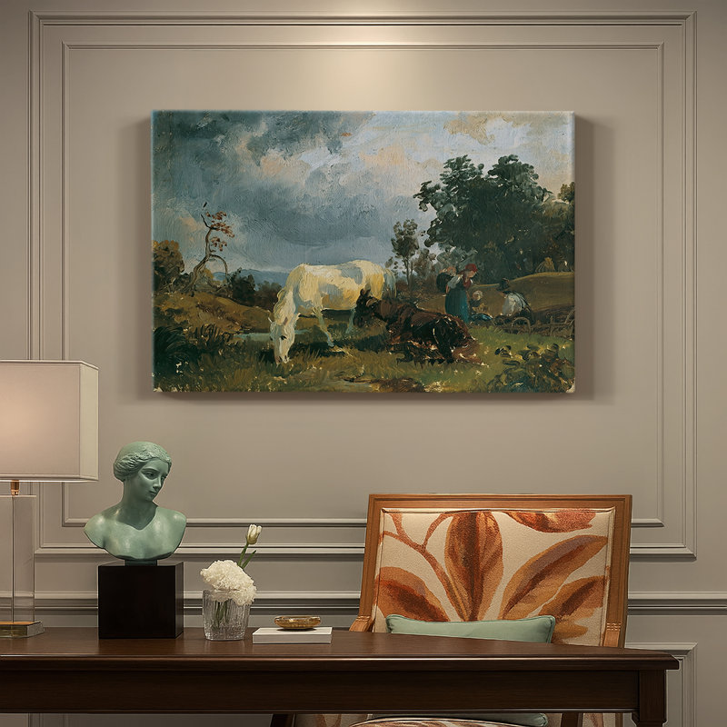 Chevaux au pâturages devant une tempête - Peinture sur toile tendue par Gauermann - c. Milieu du 19e siècle, 18 x 27