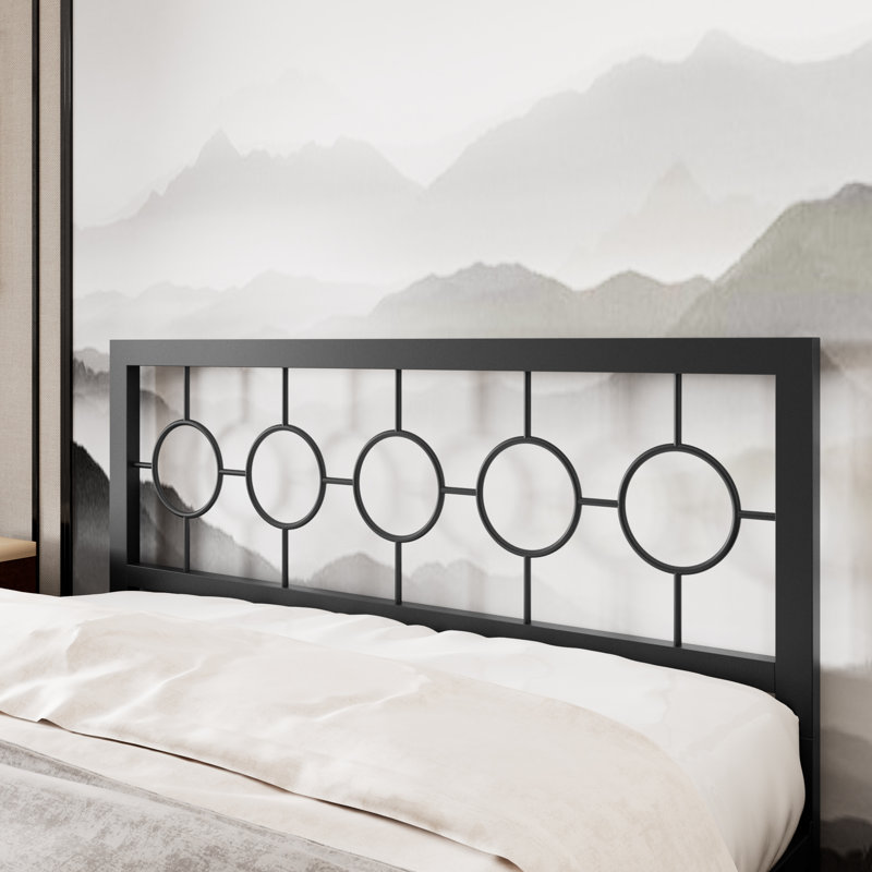 Lit plateforme vintage en métal Avren avec tête et pied de lit, design géométrique, sommier non requis, Noir, Grand lit