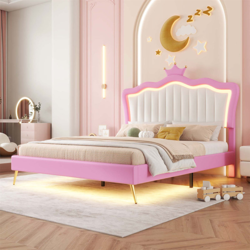 Structure de lit tapissier avec lumières DEL, lit princesse rembourré moderne, Complète