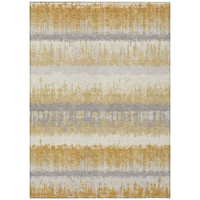 3' X 5' Gold Striped Washable Indoor Outdoor Area Rug