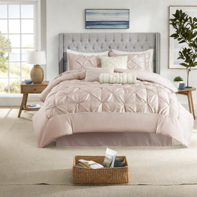 Elegant 7-piece Tufted Bedding Set, Blush Polyester With Decorative Pillows - Queen Size