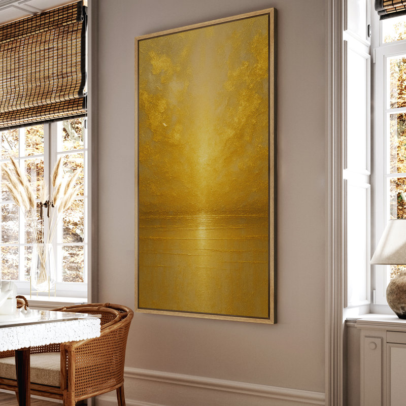 «Radiant Gold Light Over Peaceful Waterline», impression murale sur toile encadrée, H 60 po x l 30 po, Naturel