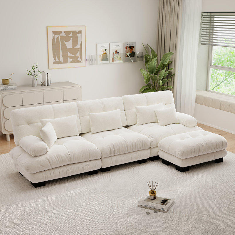 Canapé modulaire luxueux surdimensionné en forme de L avec sièges profonds et repose-pieds convertible, blanc chenille, Crème