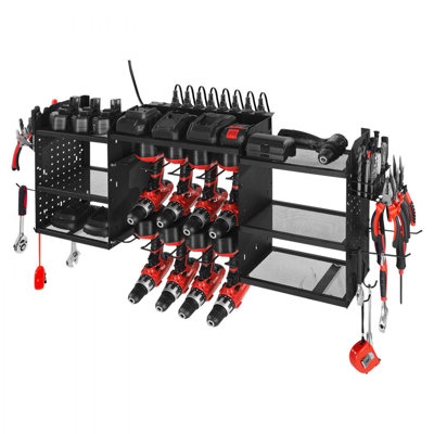 Organisateur d'outils électriques avec station de charge, support de rangement pour batterie à 3 couches avec multiprise de 5,58 pi, 8 supports de perceuse et 8 prises, organisateur pour outils de garage, établi, atelier