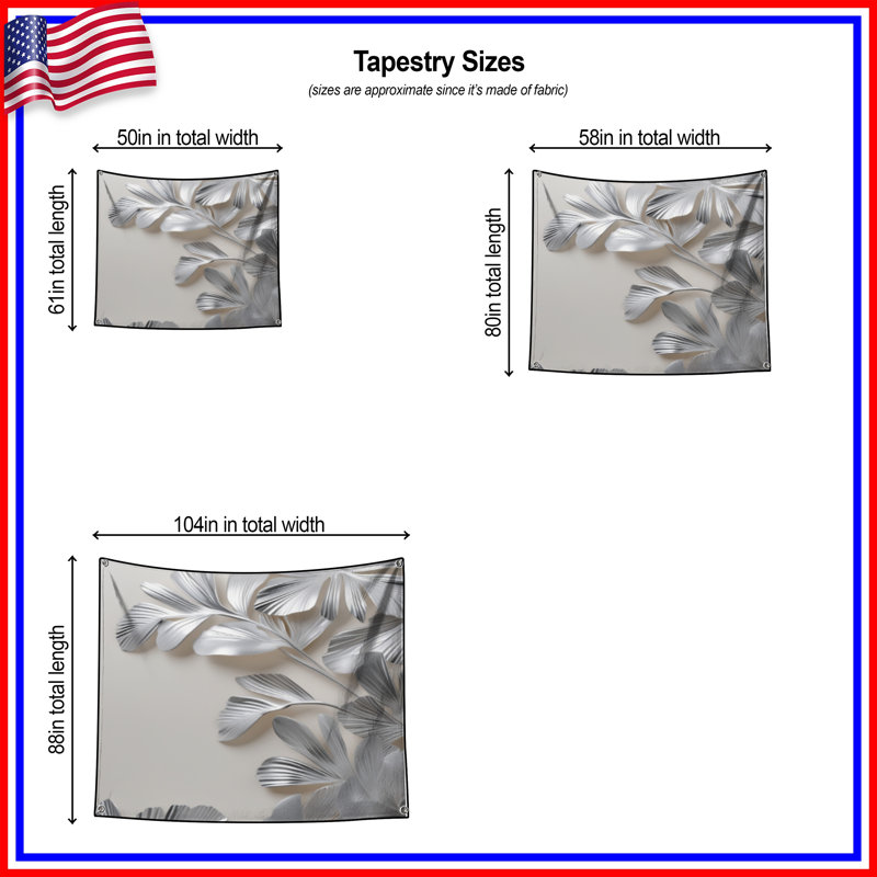 Tapisserie murale feuilles argentées - Décoration murale feuilles, H 68 po x l 80 po avec 4 œillets