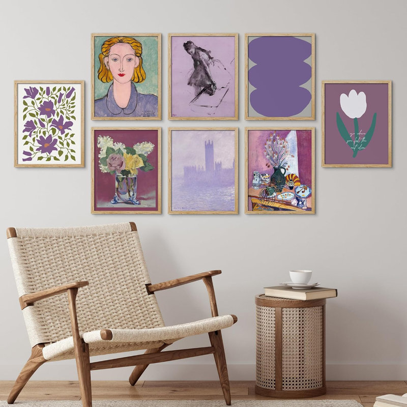 Impression de 8 pièces de fleurs de lavande mauves encadrées sur papier, H 14 po x l 11 po x P 1 po, Naturel