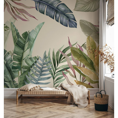 Papier peint aquarelle feuille de palmier tropical vert beige