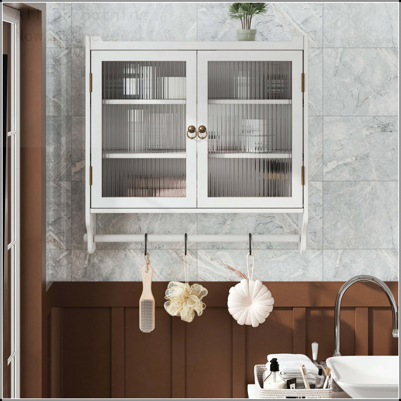 Armoire murale 24,8 po en verre rétro avec rangement à trois niveaux et porte-serviettes, Blanchies