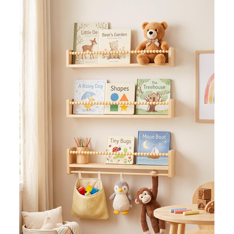 23" Solid Pine Nursery Floating Shelves Set of 3, Wood Wall-Mounted Book Shelf with Wooden Bead Front Rails, Wood