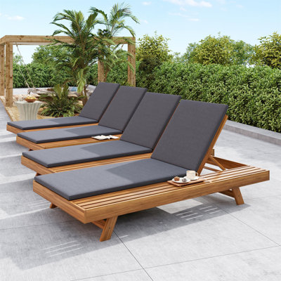 Lounge Chaise Set,Space Available On One Side, Acacia Wood With Water-Resistant Lounge Cushions (Dark Grey/ & 2 Inch Thick) - Matching Cream/Leaf Coconut Version Available