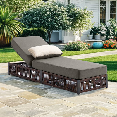 Wickes 5-Position Adjustable Outdoor Chaise Lounge With 5" Thick Cushion, Weather-Resistant Woven Rattan Patio Recliner