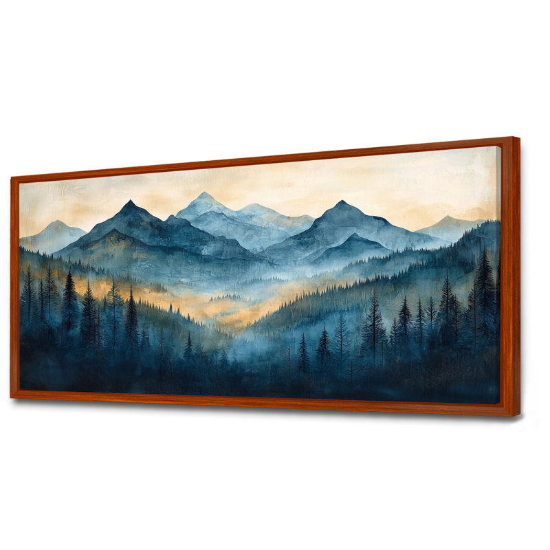 «Mountains Natures Layers In Blue Winter II», art mural montagnes, H 28 po x l 60 po, Impression encadrée flottante, Brun