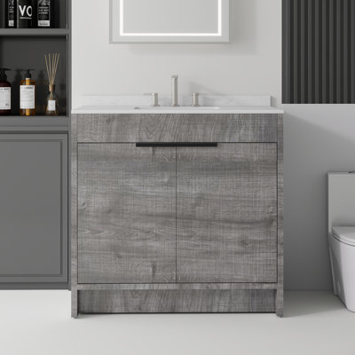 36 Inch Freestanding Bathroom Vanity with Ceramic Sink, Solid Plywood Cabinet, Soft Close Doors, Carrara White Cultured Marble Countertop & Backsplash, Grey
