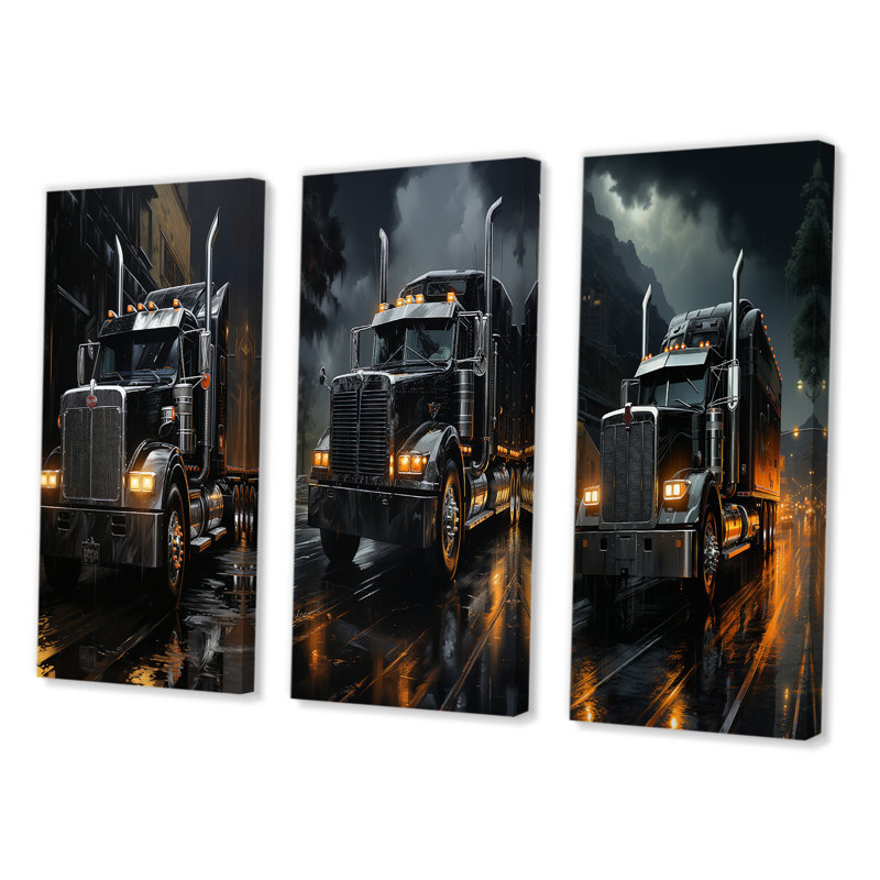 «Midnight Cruiser Semi Truck», 3 pièces sur toile, Cadre noir, H 32 po x l 48 po