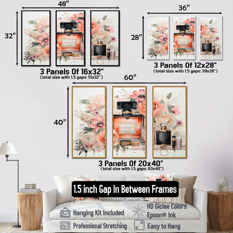 «Pink Fragrant Impressions Perfumes», art mural parfums, Cadre flottant doré, H 32 po x l 48 po