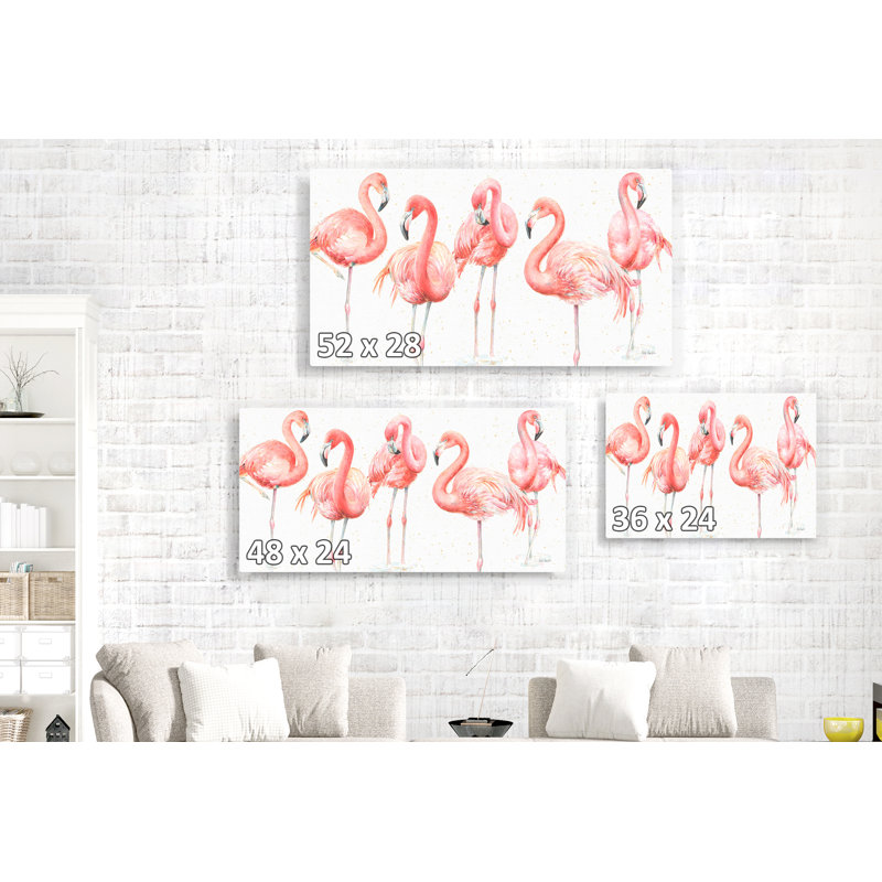 Cinco flamant rose, cinq flamants roses sur fond blanc, rose et rouge, H 26 po x l 50 po x P 1,5 po