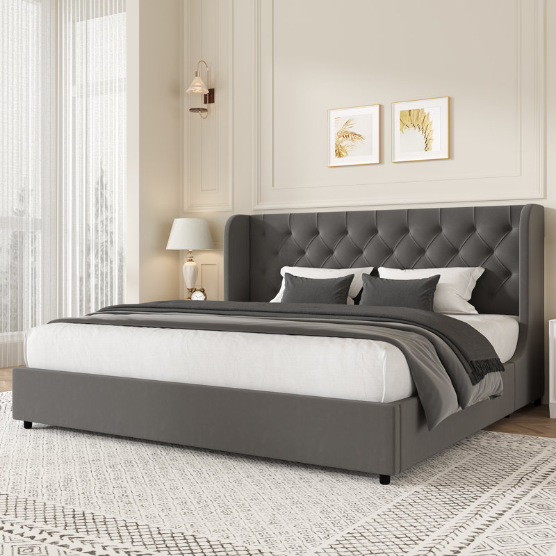 Lit plateforme tapissier Kewania Bedback, Gris, Très grand lit