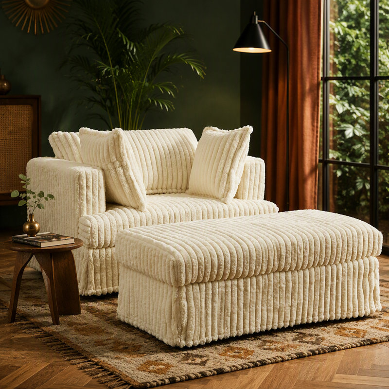 Chaise longue en velours côtelé confortable avec repose-pieds mobile, siège inclinable profond pour vous détendre et vous détendre