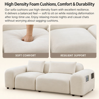 Canapé deux places en velours, design arrondi avec accoudoirs incurvés et poche de rangement latérale intégrée, coussins moelleux et coussins décoratifs inclus pour la décoration du salon