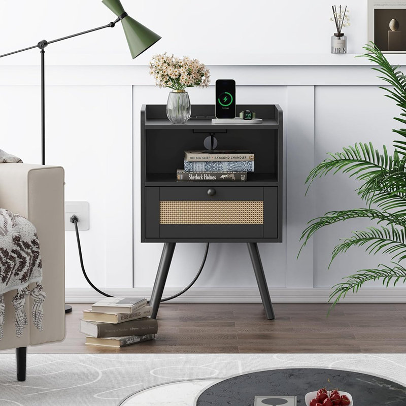 Nightstand With Charging Station & Rattan-Like Decor D...