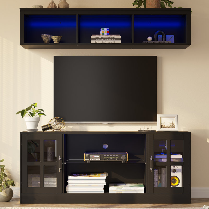 2-piece Wall Unit Tv Stand With Bookshelves, Modern Tv Console Table With Led Lights For Tvs Up To 65", Black