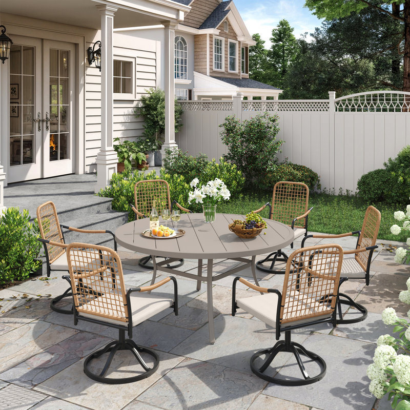 7-Pieces Patio Round Outdoor Dining Set With Rattan Swivel Chair, Cream
