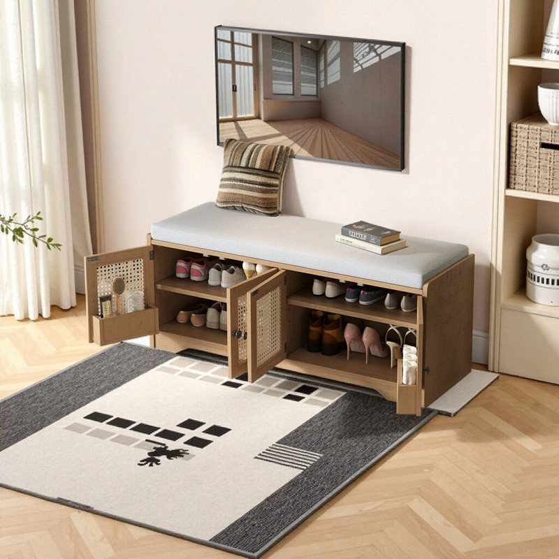 Banc de rangement d'entrée rustique de 47,4 pouces avec portes en rotin tissé, tablettes réglables et coussin amovible