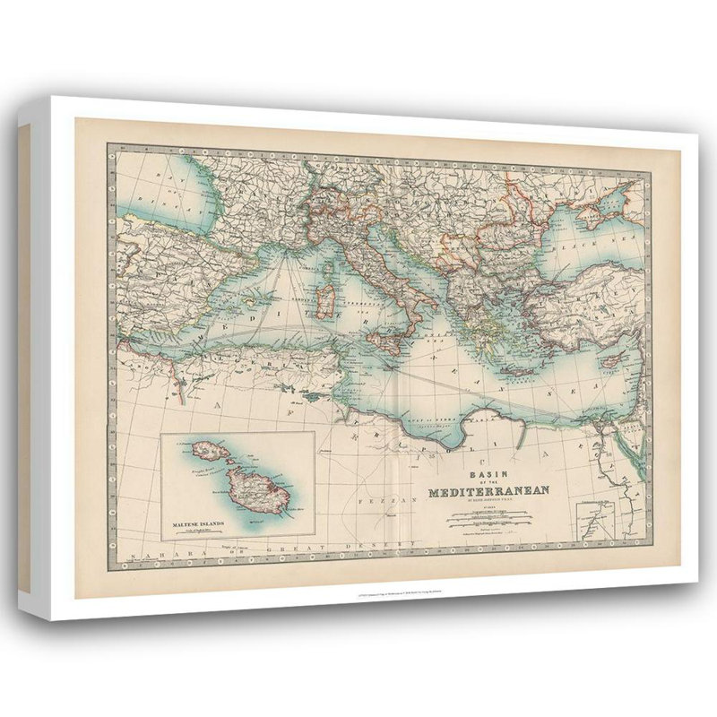 Art sur toile tendue par Red Barrel Studio® Johnston Gallery: Johnstons Map of the Mediterranean, H 20 po x l 24 po