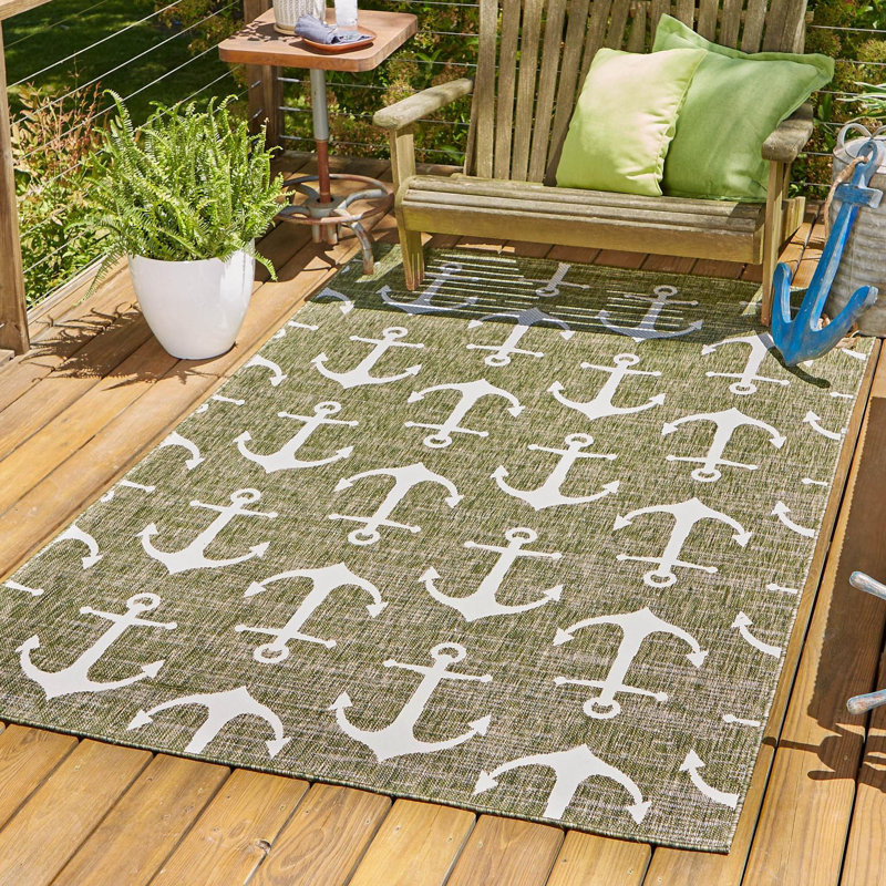 Tapis d'intérieur / extérieur en plastique tissé à la machine Glidden - vert / ivoire, Rectangle 7 pi x 10 pi