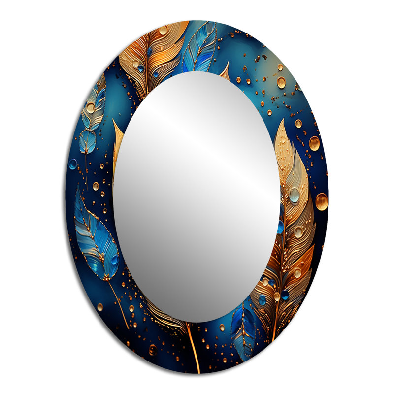 Boho Glam Gold Feathres On Cosmic Blue - Blue Bohemian Oval Wall Mirror, 40" x 30"