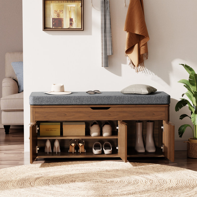 Multi - Functional Entryway Bench, Hidden Shoe Storage, Upholstered Cushion & Modern Wood Finish
