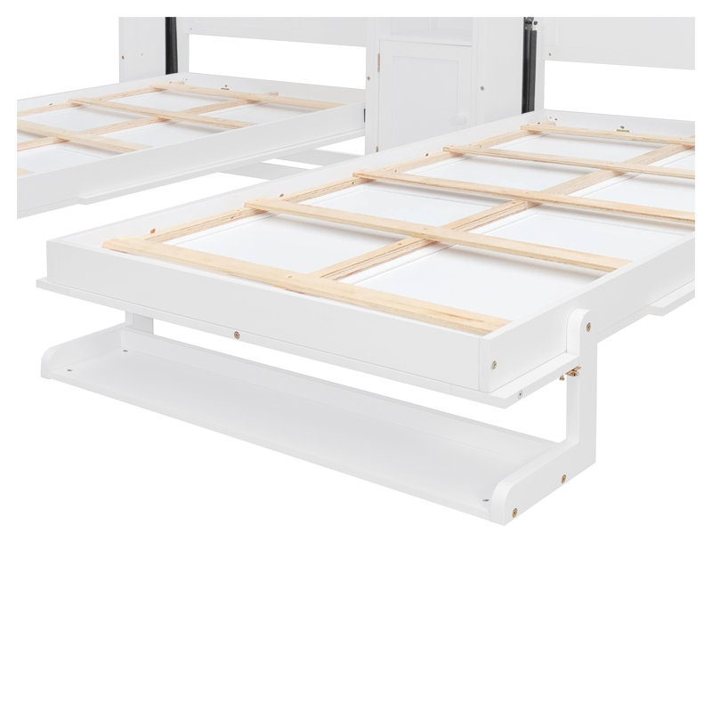 Double lit escamotable mural simple avec armoires et tablettes de rangement centrales - Ensemble de lit pliant compact pour les chambres d'amis