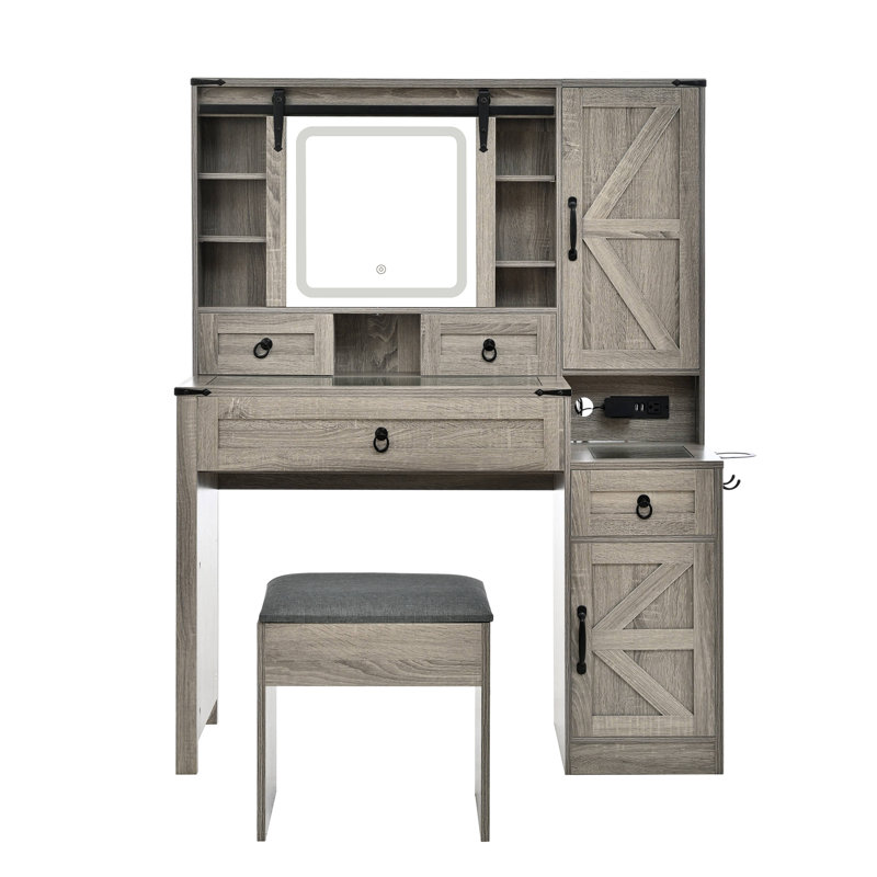 Farmhouse Vanity Desk With Sliding Mirror And Lights, Vanity Set With Glass Top And Charging Station ,Dressing Table With 4 Drawers And 2 Cabinets, Dressing Table With Stool For Bedroom